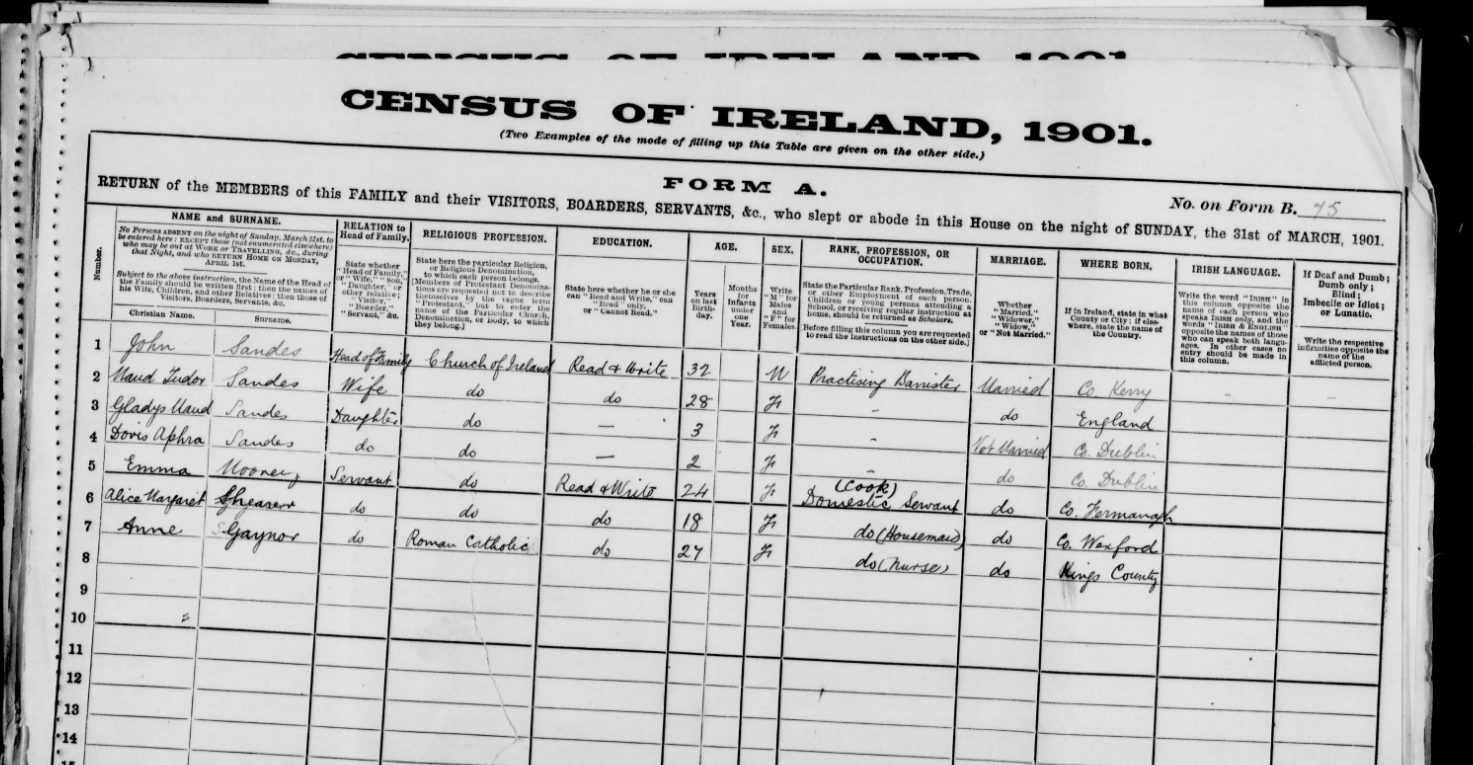 1901 Irish census record for John Sandes, Maud Tudor Sale and family