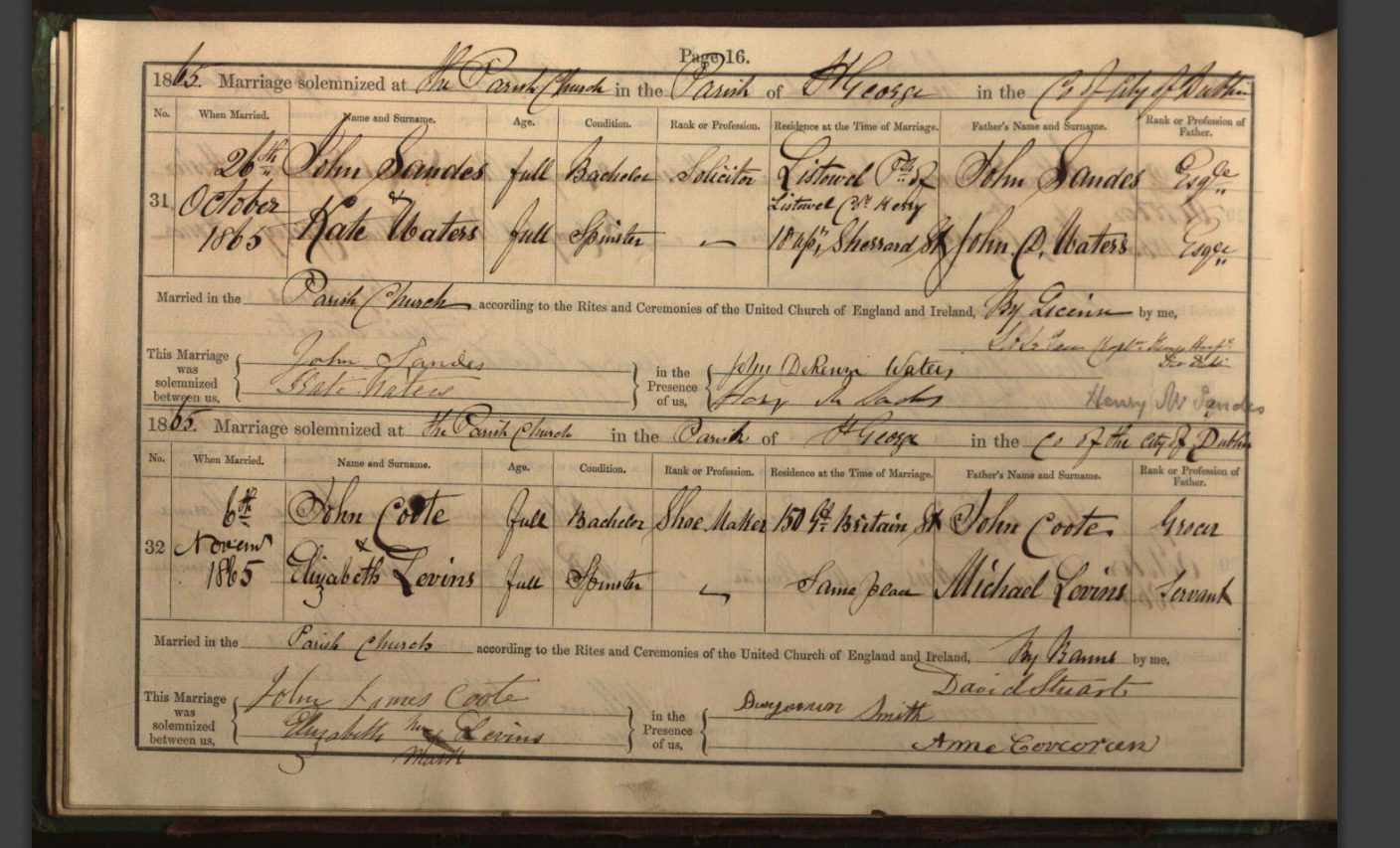Marriage record for John Sandes and Catherine Waters