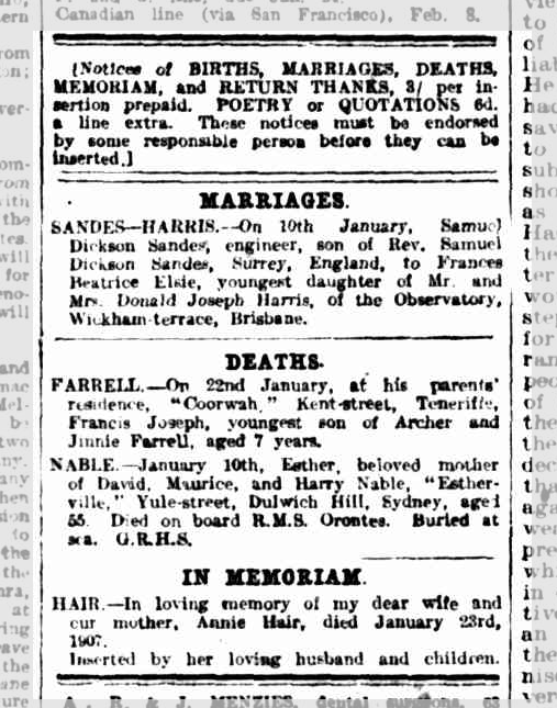 Wedding notice - Samuel Dickson Sandes and Francis Beatrice Elsie Harris