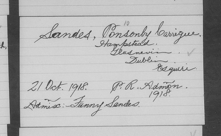 Index card of the will of Ponsonby Carrique Sandes