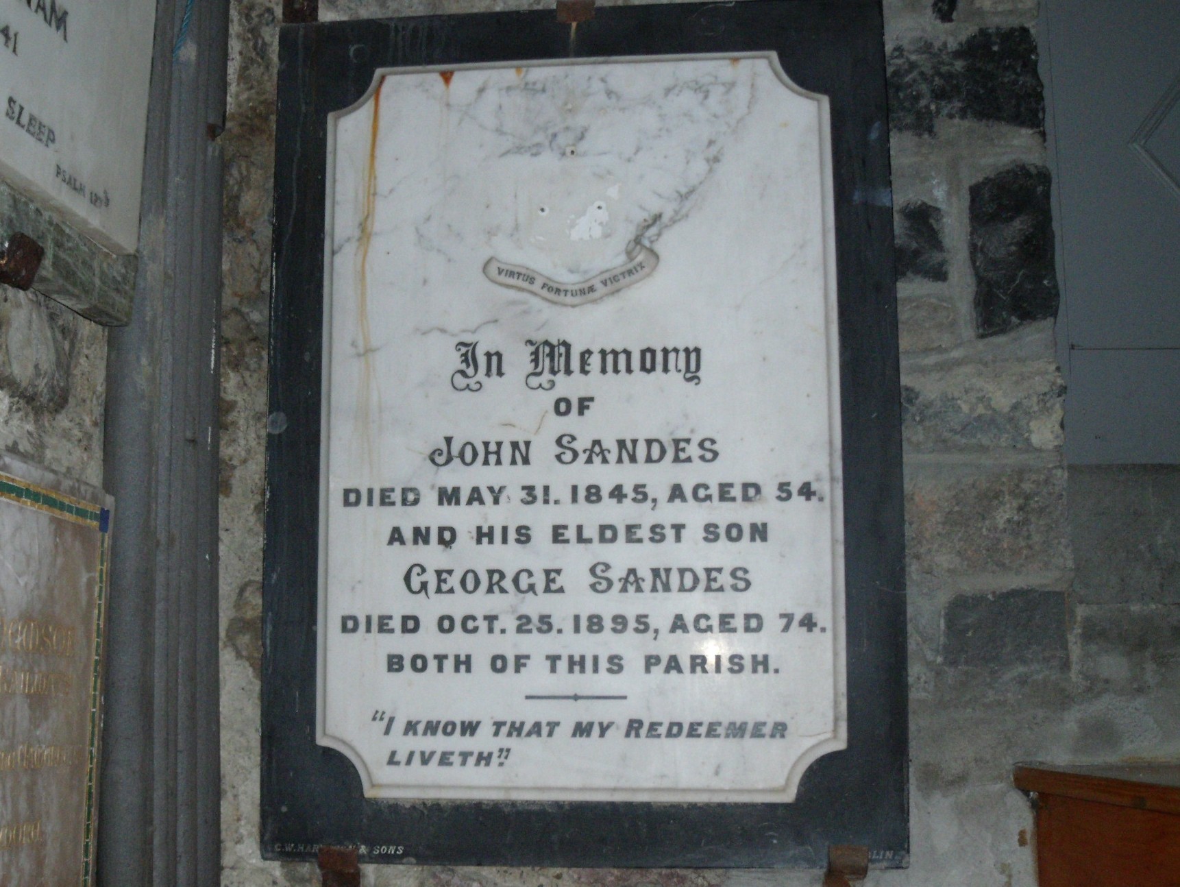 Memorial plaque dedicated to John Sandes in the St John's Church, Listowel, County Kerry 